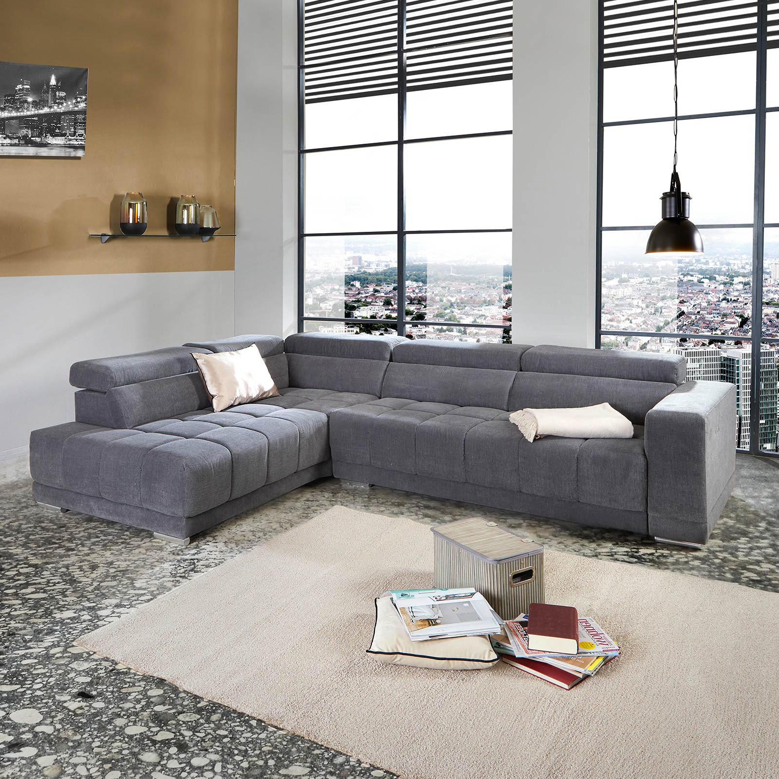 ECKSOFA Grau Webstoff  - Silberfarben/Grau, MODERN, Holz/Textil (212/299cm) - Livetastic