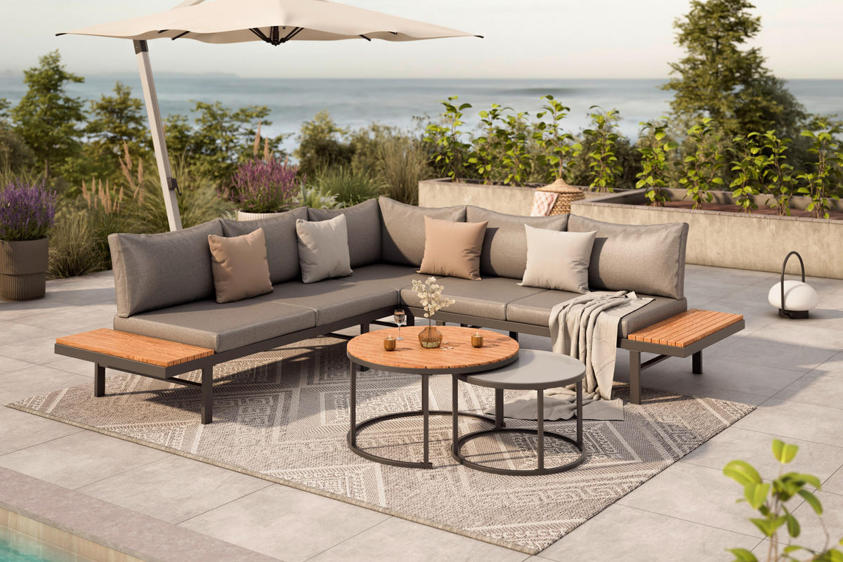 LOUNGEGARNITUR Akazie massiv Stahl  - Grau, Design, Glas/Holz - Ambia Garden