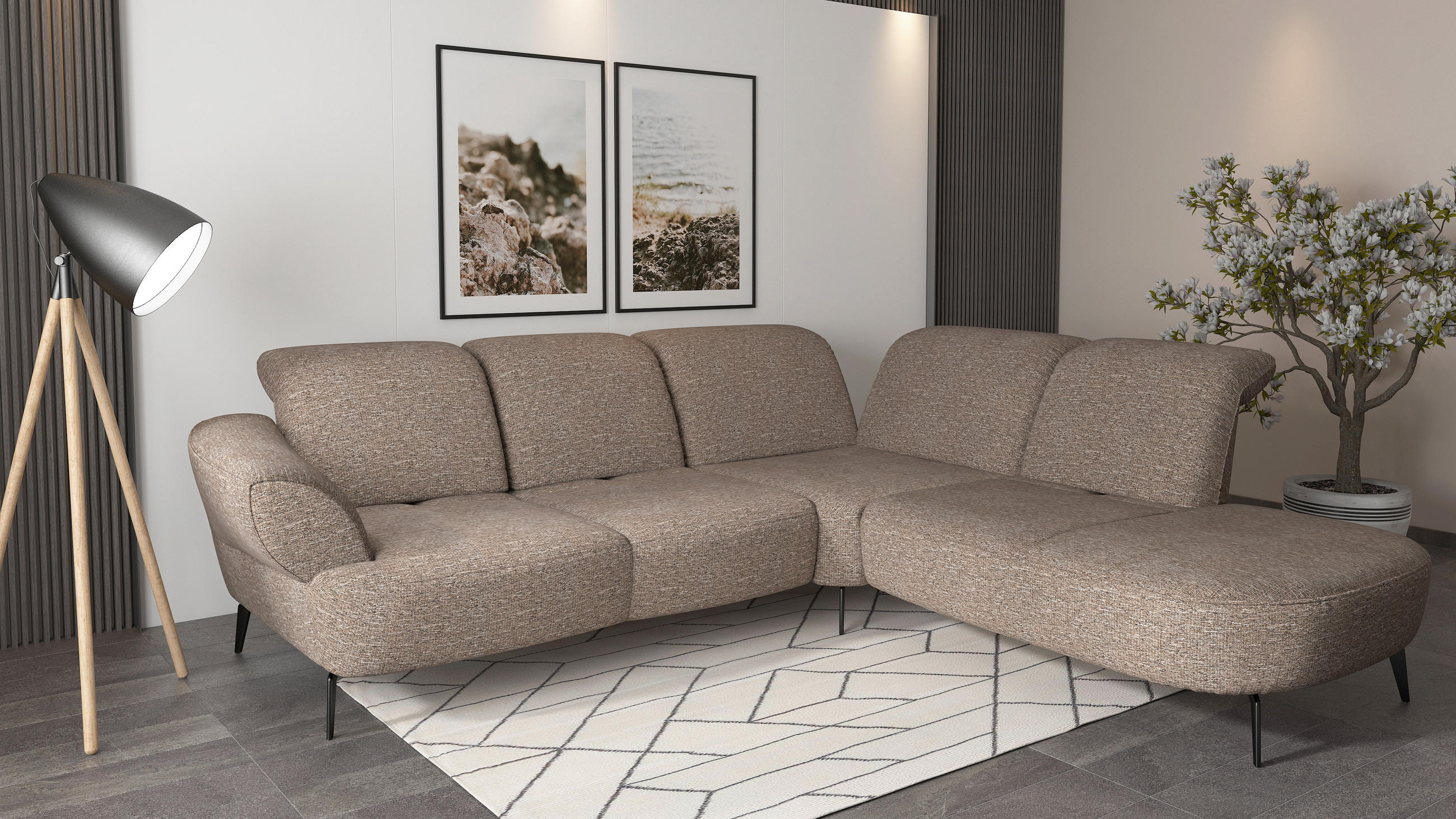 ECKSOFA in Chenille Cappuccino  - Schwarz/Cappuccino, Modern, Textil/Metall (302/270cm) - Sit & More
