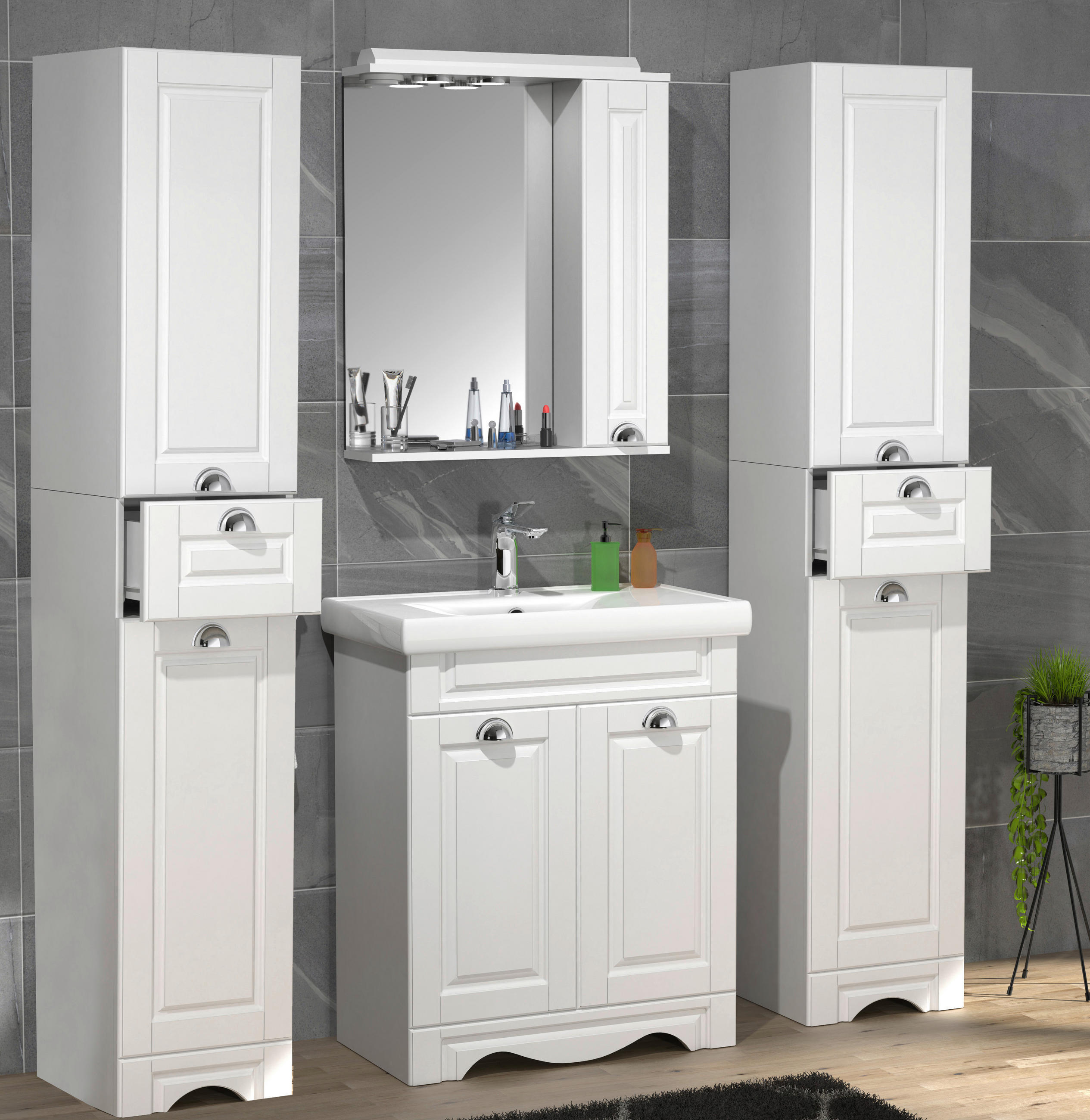 BADEZIMMER 5-teilig  in 131 cm  - Weiss/Silberfarben, Modern, Glas/Keramik (131cm) - MID.YOU