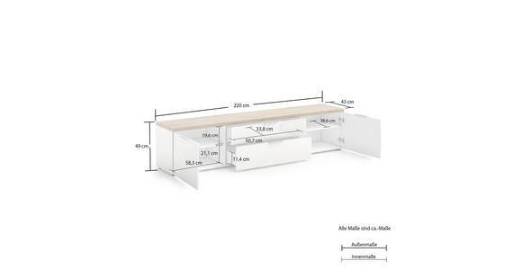 LOWBOARD 220/49/43 cm  - Eichefarben/Weiß Hochglanz, Design, Holzwerkstoff/Kunststoff (220/49/43cm) - Xora