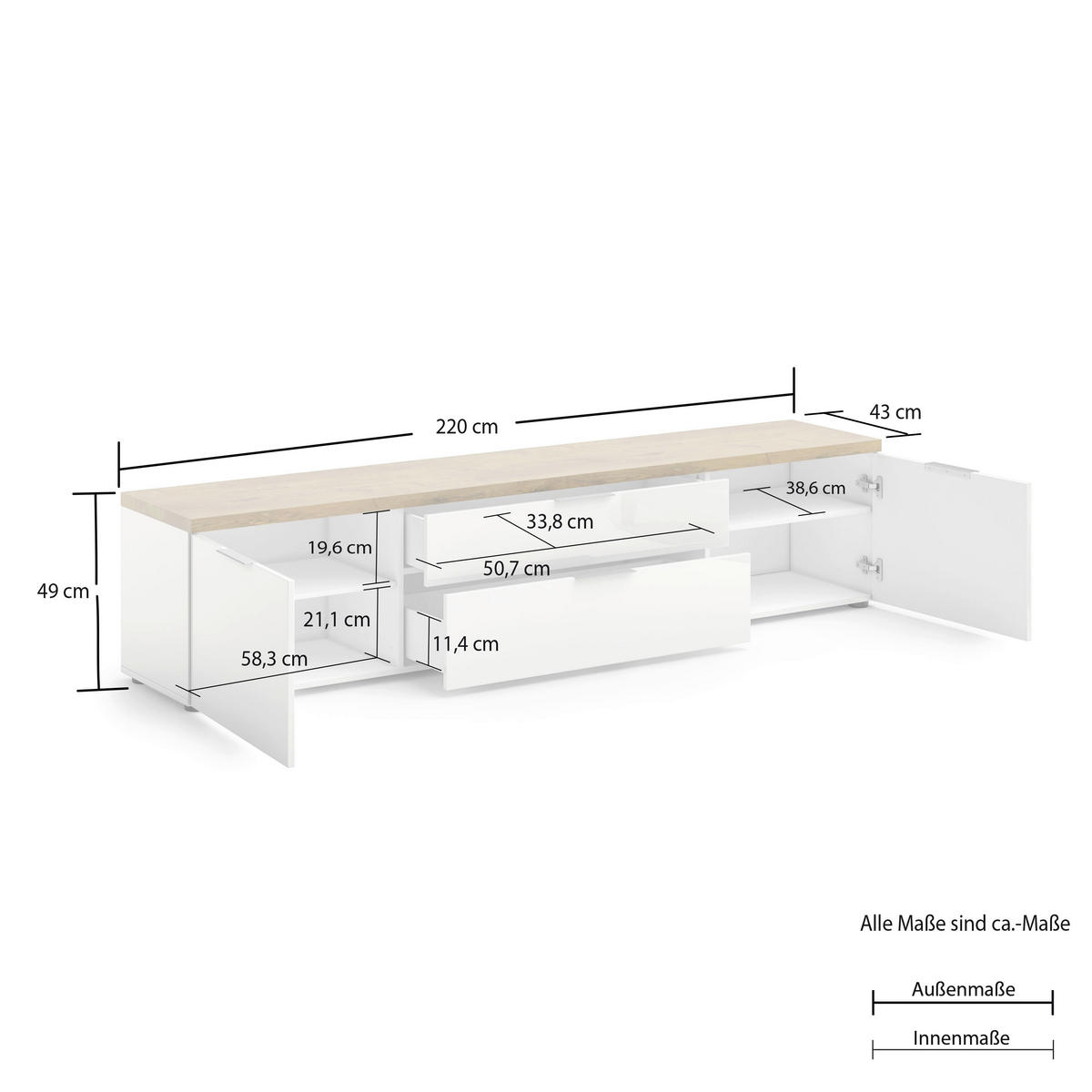 LOWBOARD  in 220/49/43 cm  - Eichefarben/Weiß Hochglanz, Design, Holzwerkstoff/Kunststoff (220/49/43cm) - Xora