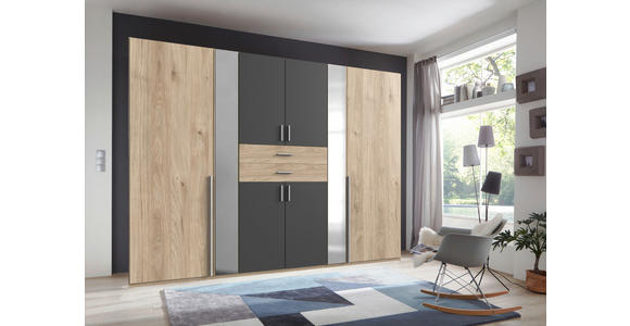 KLEIDERSCHRANK 270/208/58 cm 8-türig Graphitfarben, Eichefarben - Eichefarben/Alufarben, KONVENTIONELL, Glas/Holzwerkstoff (270/208/58cm) - Carryhome