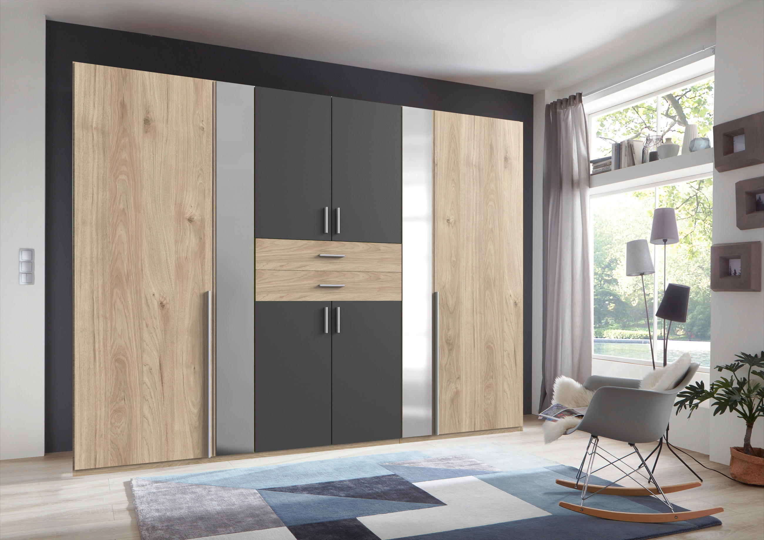 KLEIDERSCHRANK 270/208/58 cm 8-türig Graphitfarben, Eichefarben  - Eichefarben/Alufarben, KONVENTIONELL, Glas/Holzwerkstoff (270/208/58cm) - Carryhome