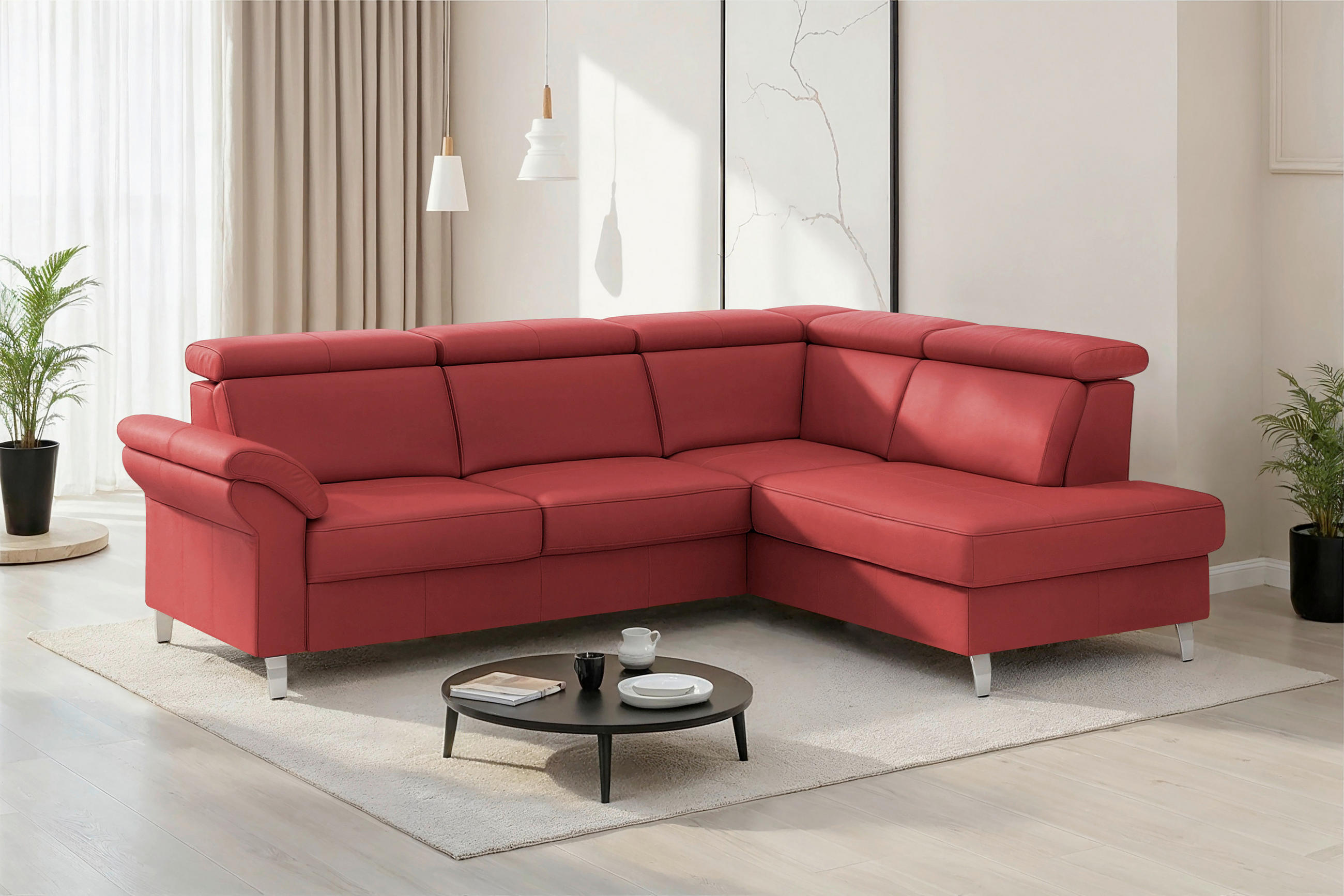 ECKSOFA 245/194 cm ARNGAST E in Mikrofaser Kombination Echtleder/Stoff Rot Bettkasten, Kopfteilverstellung  245/194 cm  - Chromfarben/Rot, Basics, Leder/Textil (245/194cm) - Sit & More