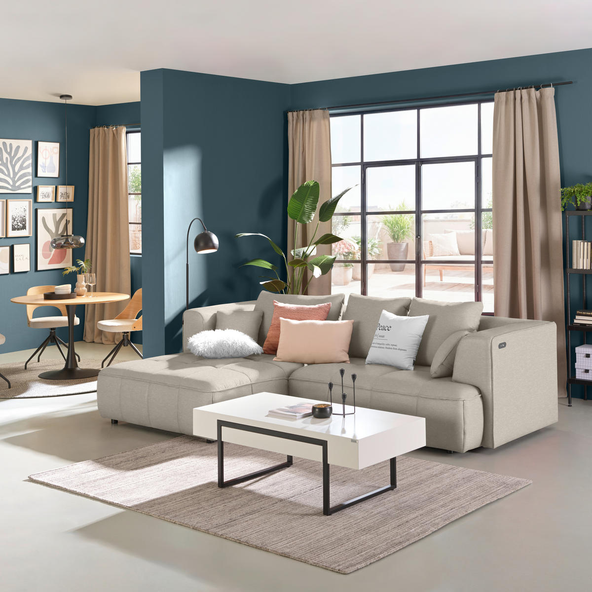 ECKSOFA Webstoff Creme  - Creme/Schwarz, Design, Kunststoff/Textil (188/288cm) - Welnova
