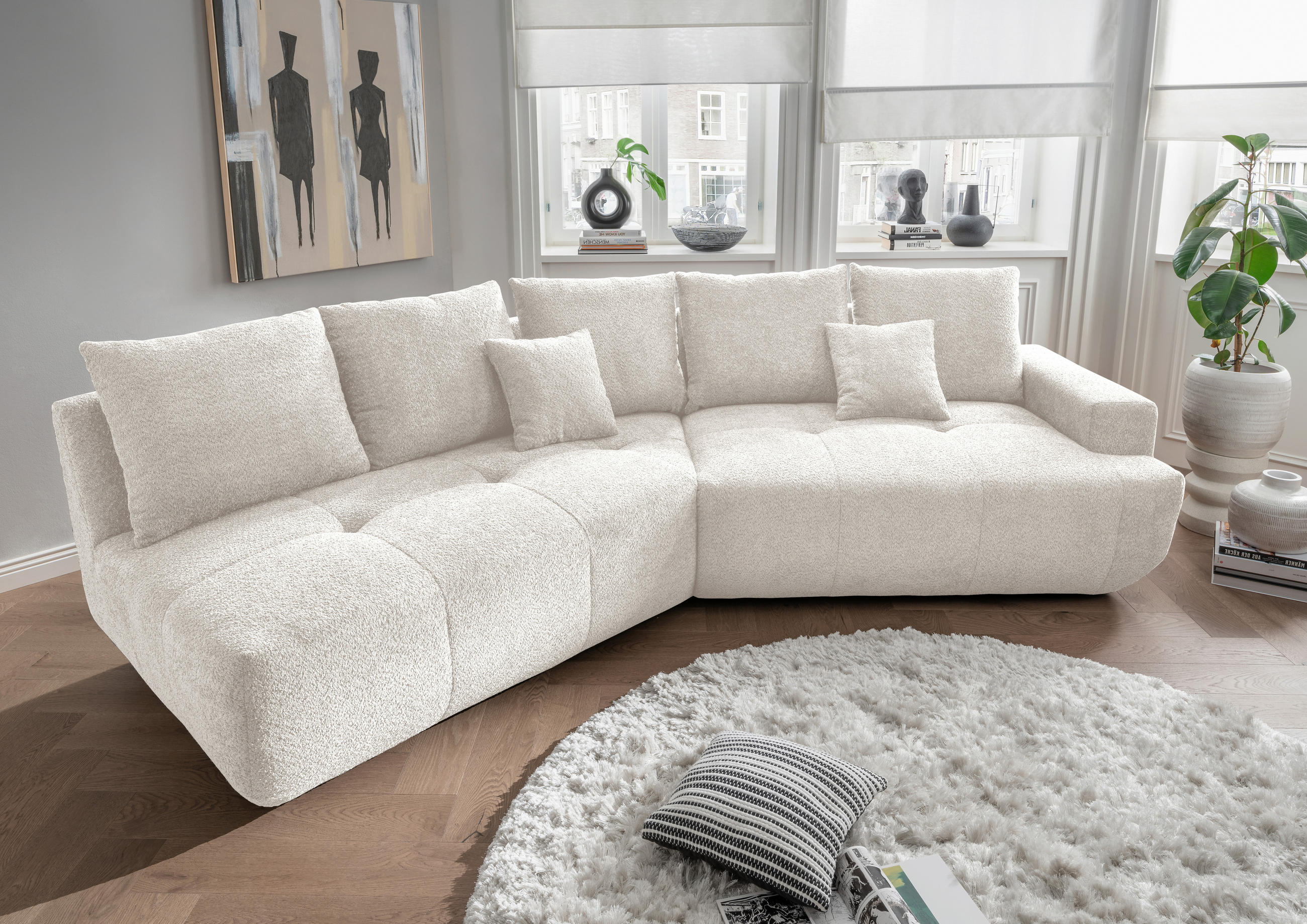 BIGSOFA Bouclé Weiß  - Schwarz/Weiß, MODERN, Kunststoff/Textil (323/91/155cm) - Livetastic