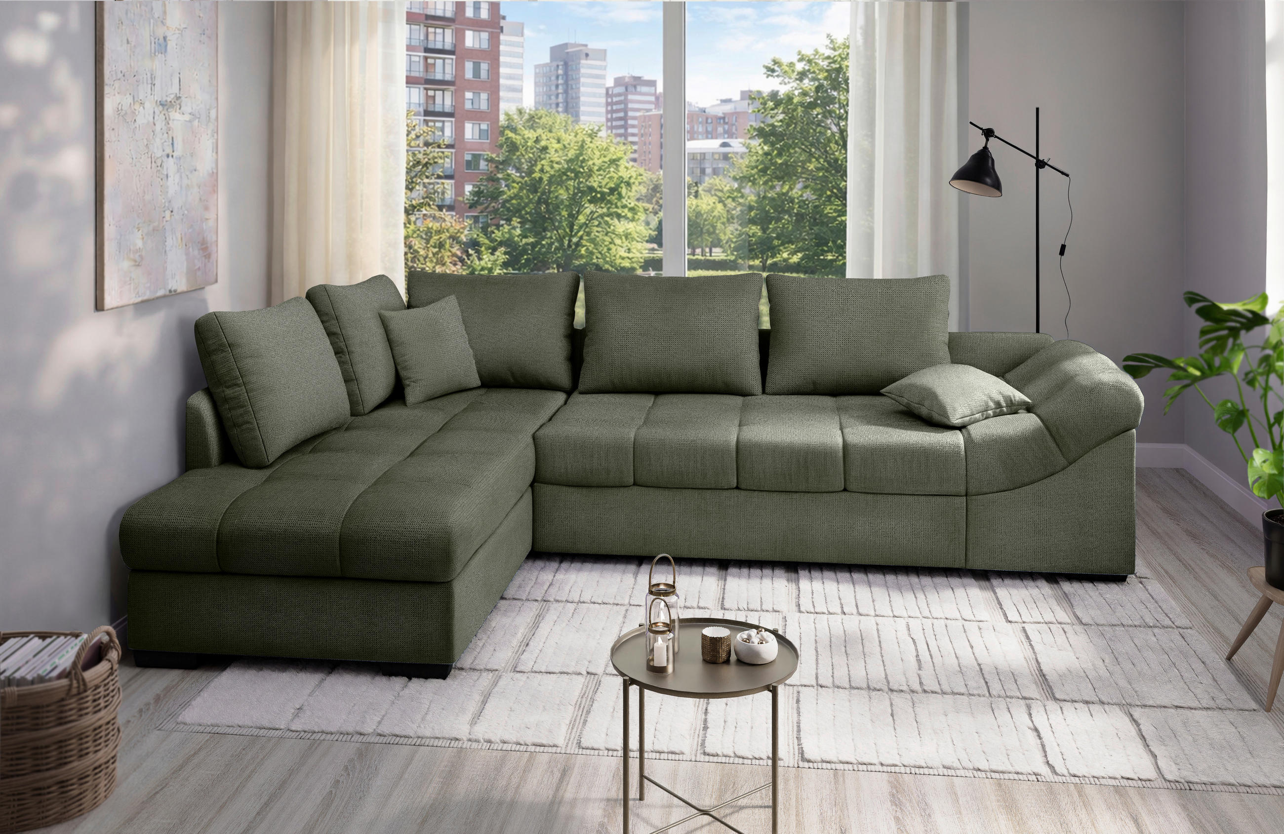 ECKSCHLAFSOFA Alvito in Chenille Dunkelgrün  - Dunkelgrün/Schwarz, MODERN, Holz/Textil (202/298cm) - MID.YOU
