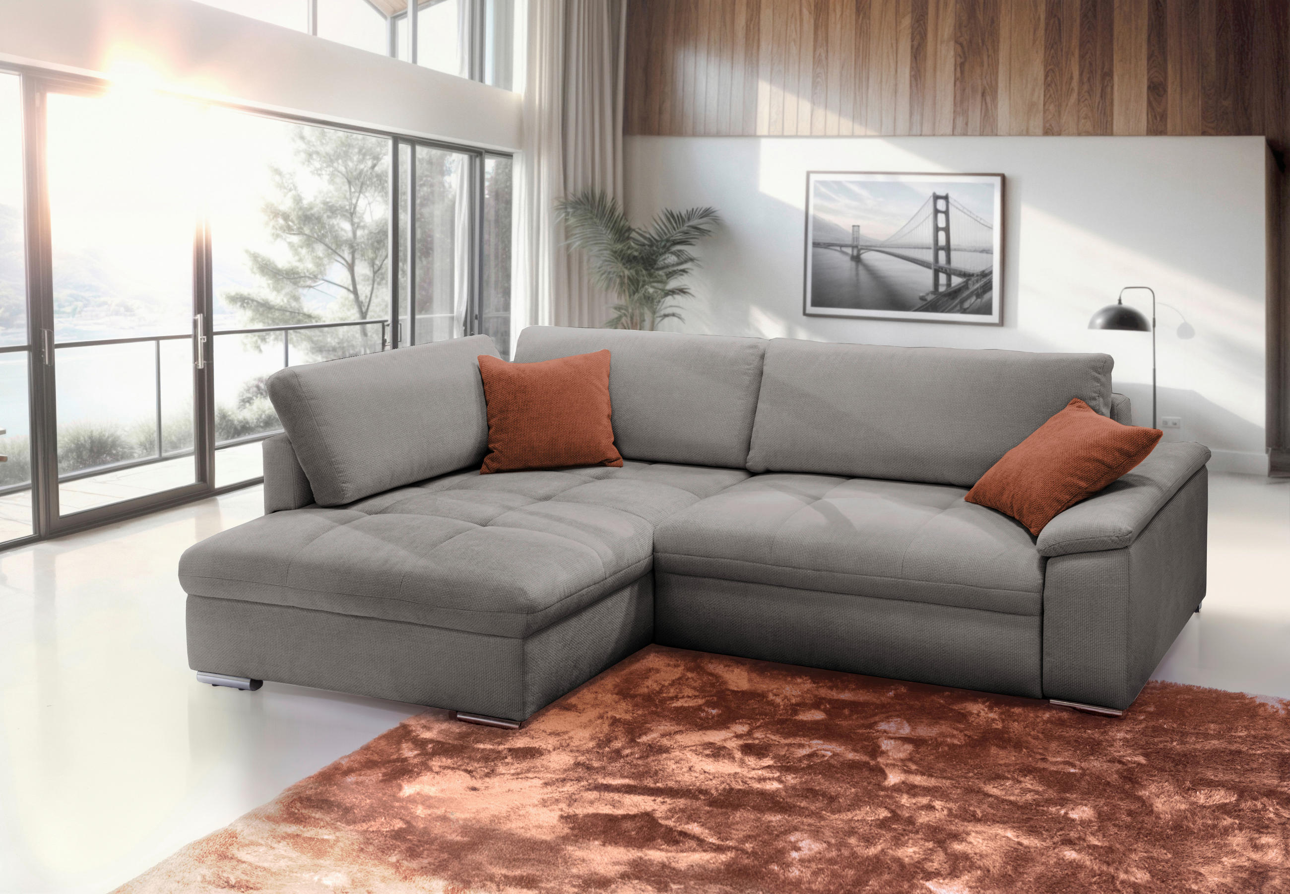 ECKSOFA in Chenille, Struktur Taupe  - Taupe/Rostfarben, Design, Textil/Metall (178/268cm) - Livetastic