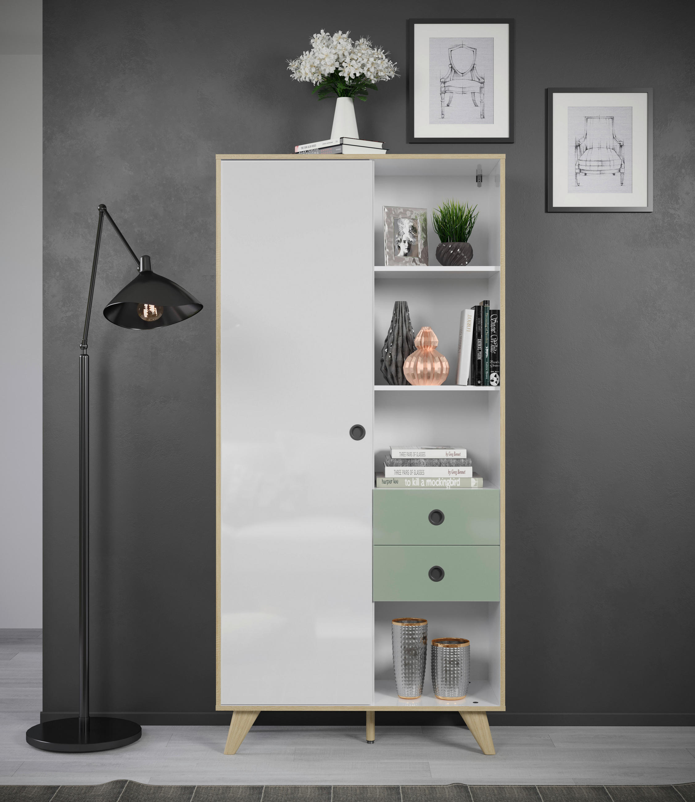 SCHRANK Grün, Eichefarben, Weiß Hochglanz  90/188/40 cm  - Eichefarben/Weiß Hochglanz, MODERN, Holzwerkstoff/Kunststoff (90/188/40cm) - Boxxx