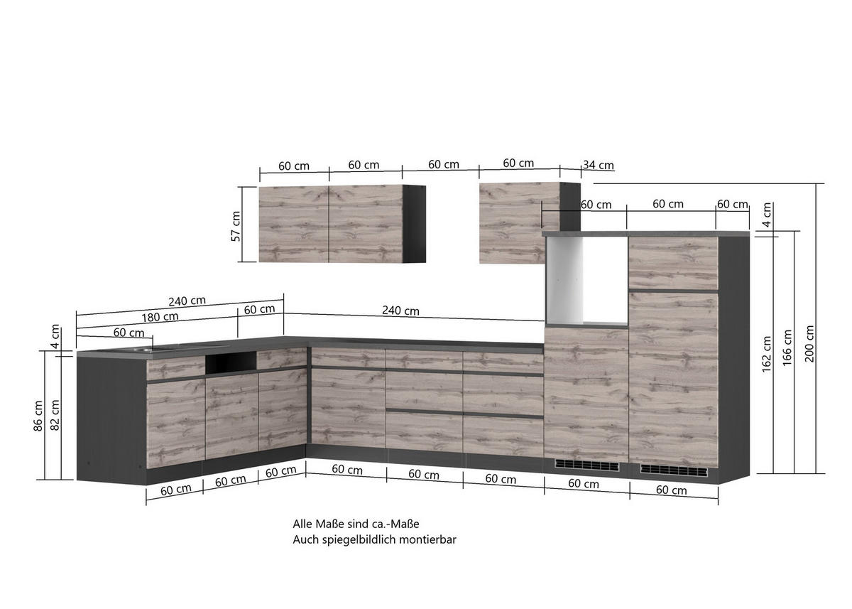 KÜCHENLEERBLOCK 360 cm   in Eiche Wotan  - Eiche Wotan, Design, Holzwerkstoff (360cm) - Held