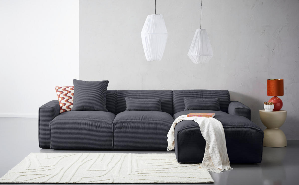 ECKSOFA Graphitfarben Cord  - Schwarz/Graphitfarben, Design, Kunststoff/Textil (303/196cm) - Livetastic