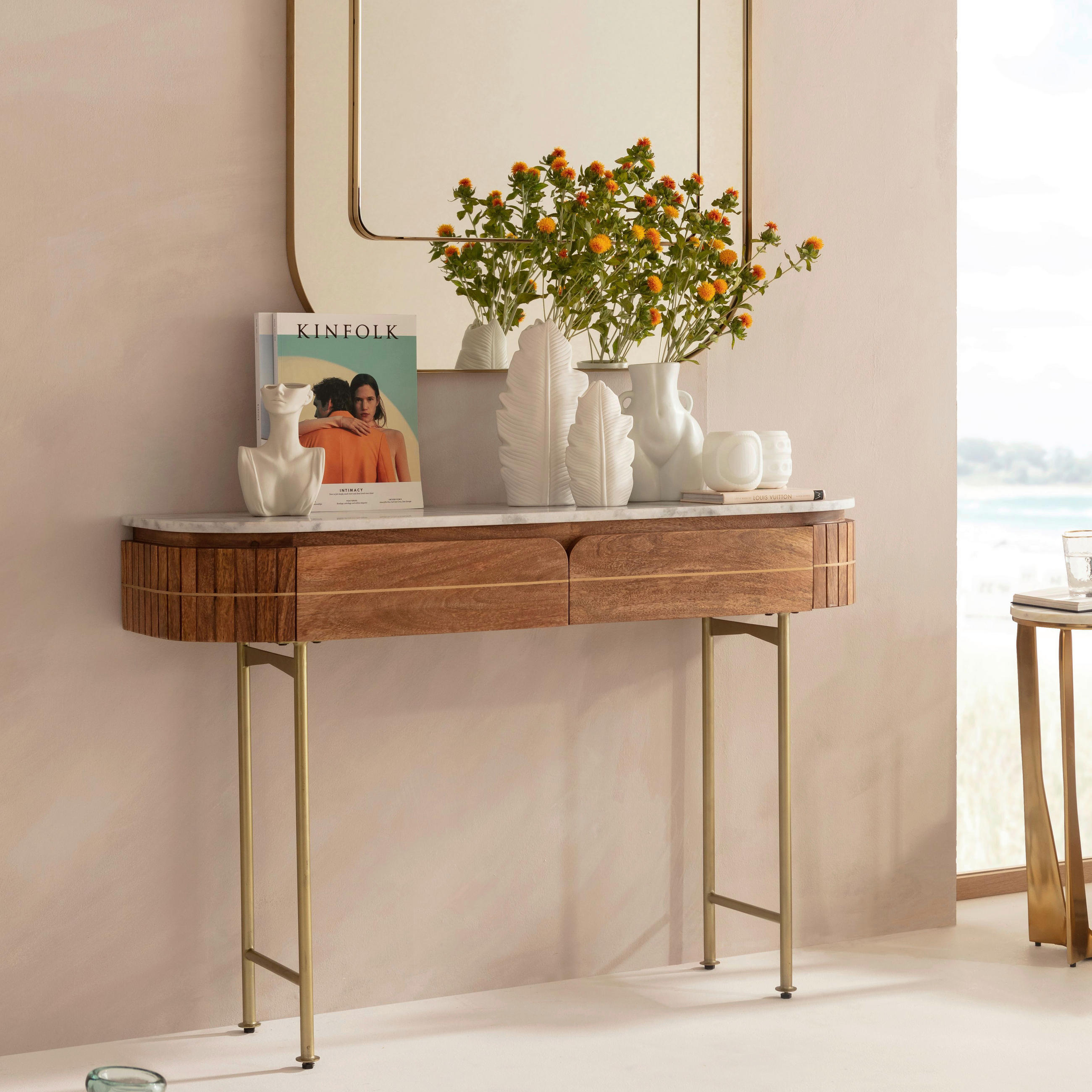 KONSOLE Mangoholz furniert, massiv Braun, Grau, Weiß  - Goldfarben/Braun, Design, Holz/Stein (100/76/30cm) - Kare-Design