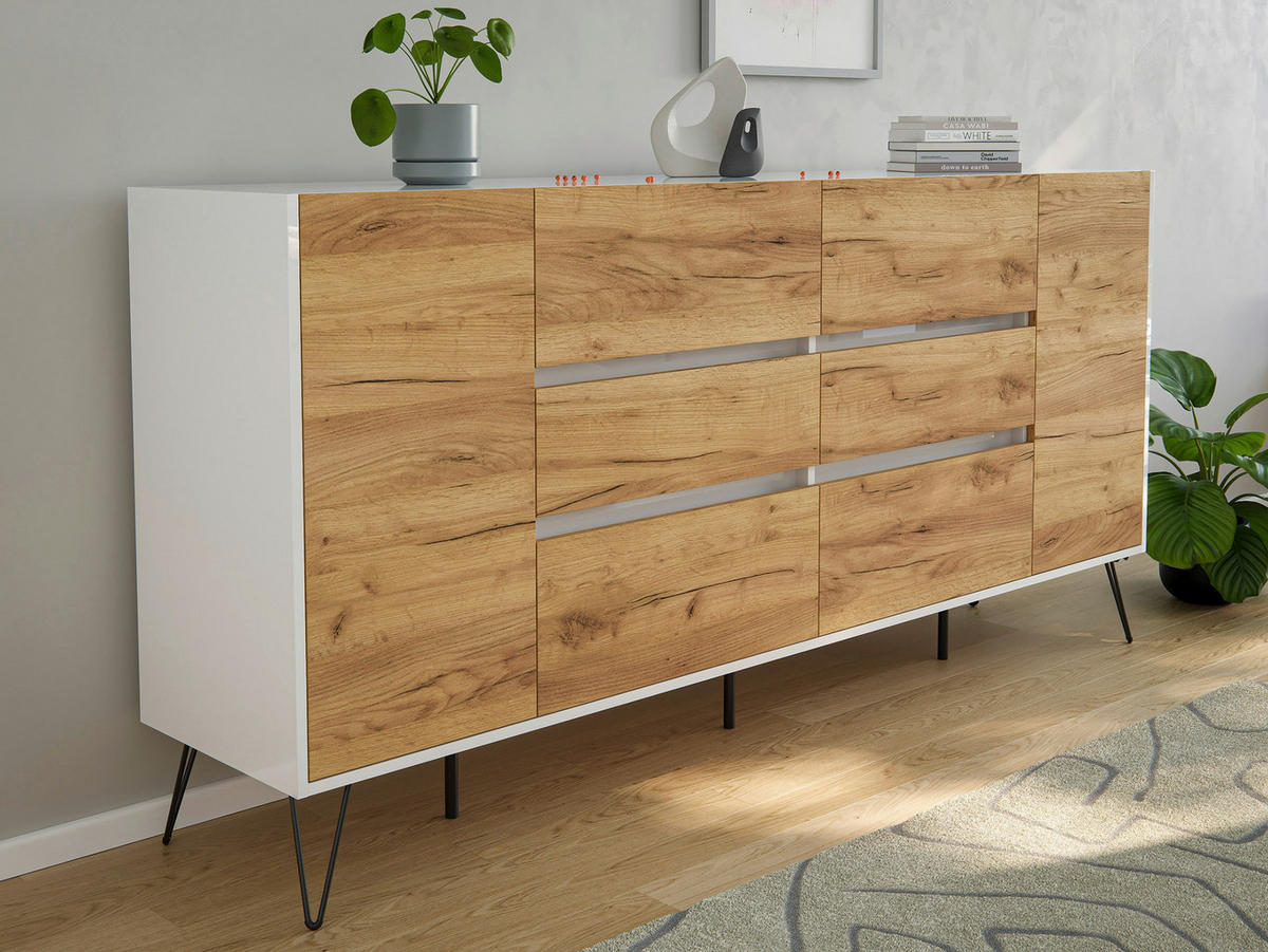 SIDEBOARD Posseik Industrial 199/93,6/42 cm 6 Schublade(n)  - Eichefarben/Weiß Hochglanz, Design, Holzwerkstoff/Metall (199/93,6/42cm) - P & B