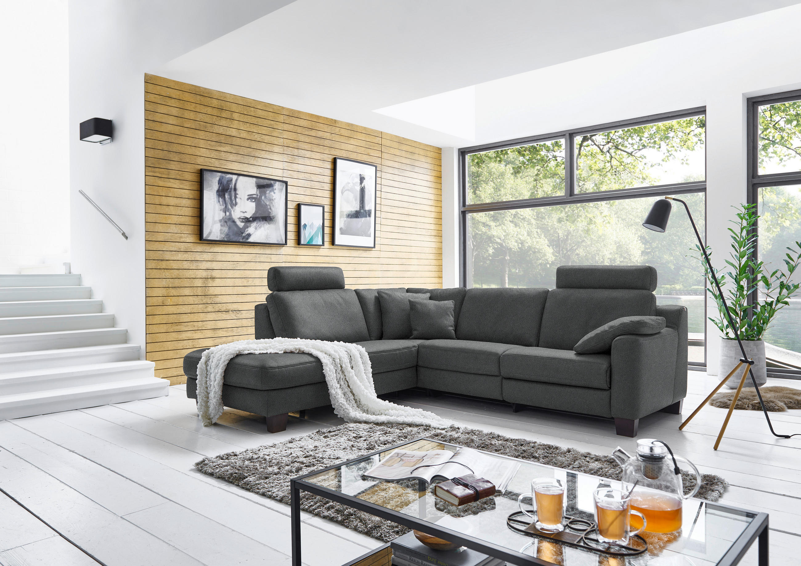 ECKSOFA in Echtleder Anthrazit  235/259 cm  - Eichefarben/Anthrazit, Design, Leder/Holz (235/259cm) - Valdera