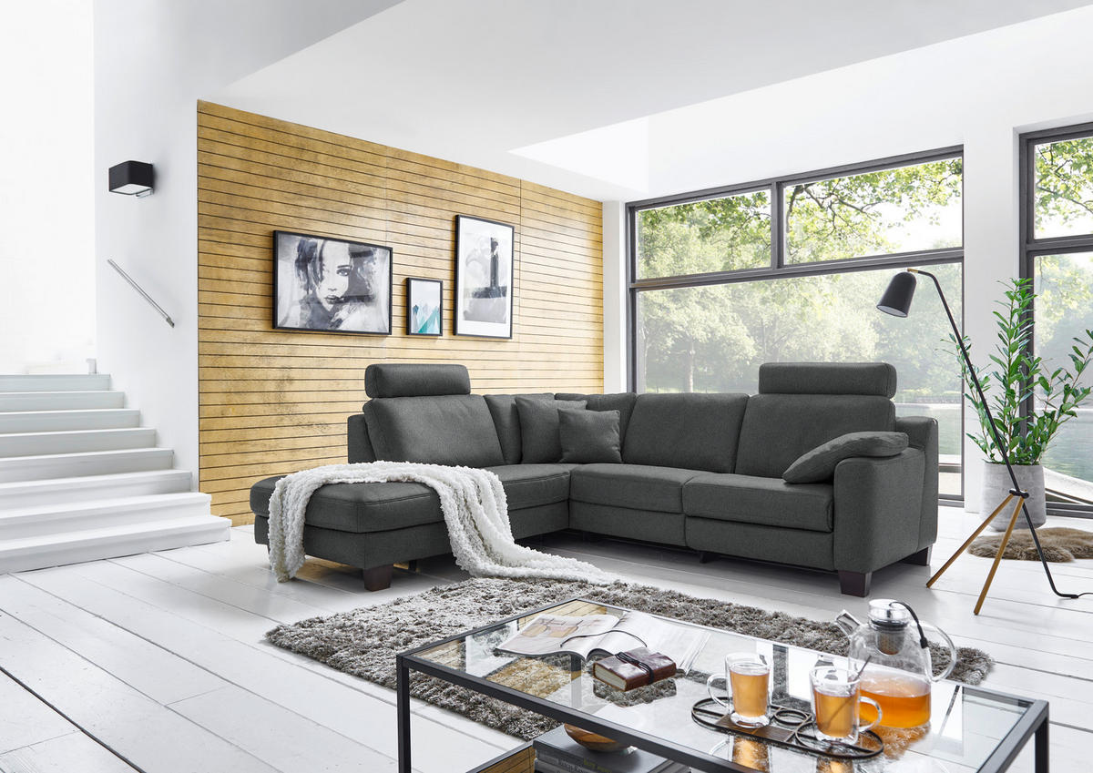 ECKSOFA in Echtleder Anthrazit  - Eichefarben/Anthrazit, Design, Leder/Holz (235/259cm) - Valdera