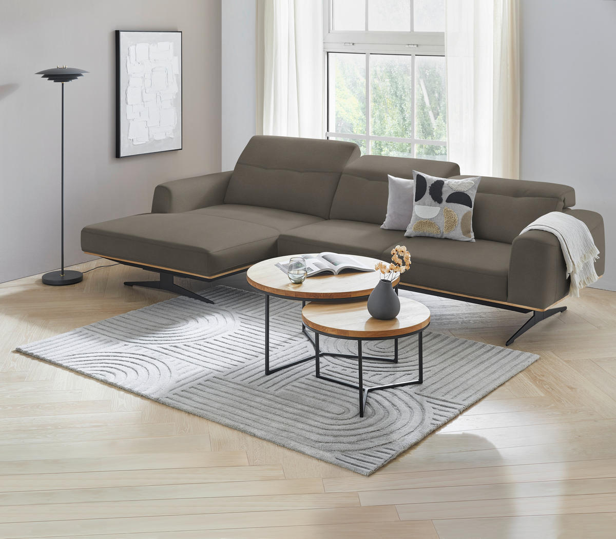 ECKSOFA in Echtleder Graubraun  - Eichefarben/Graubraun, Design, Leder/Holz (163/305cm) - Novel