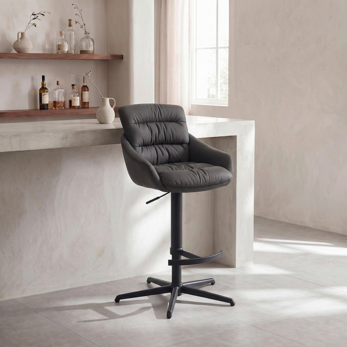 BARHOCKER Webstoff Echtleder Schwarz Stahl Sitzfläche 360° drehbar, inklusive Armlehnen, automatische Rückholfunktion  - Schwarz, Design, Leder/Textil (58/103/120/61cm) - Dieter Knoll