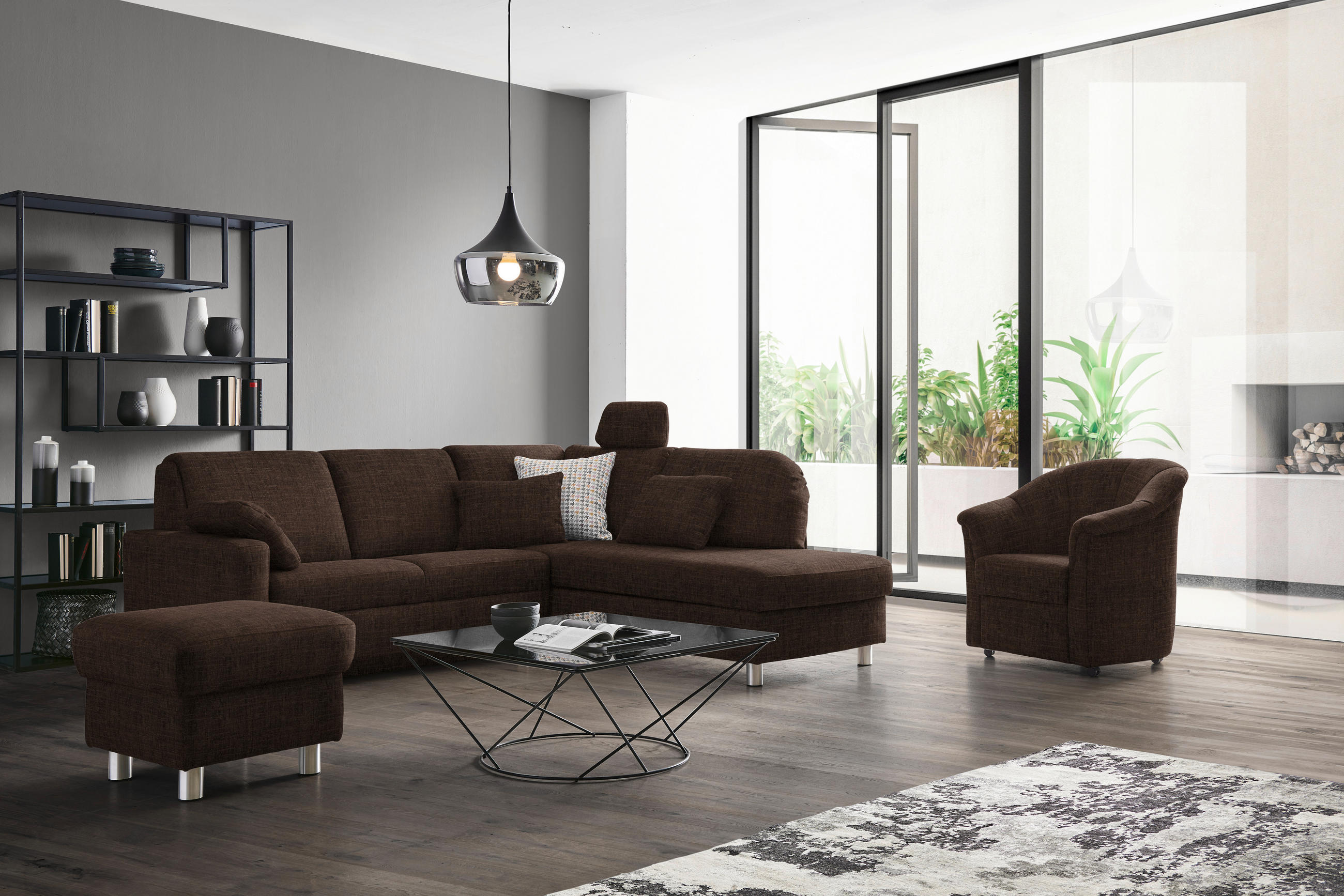 ECKSOFA in Chenille Dunkelbraun  227/208 cm  - Dunkelbraun/Alufarben, KONVENTIONELL, Textil/Metall (227/208cm) - Sedda
