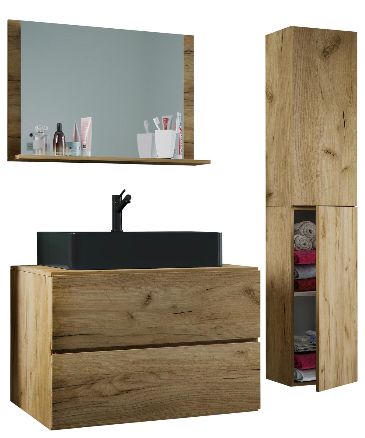 BADEZIMMER 4-teilig  in 114 cm  - Honigeiche/Schwarz, MODERN, Glas/Keramik (114cm) - MID.YOU