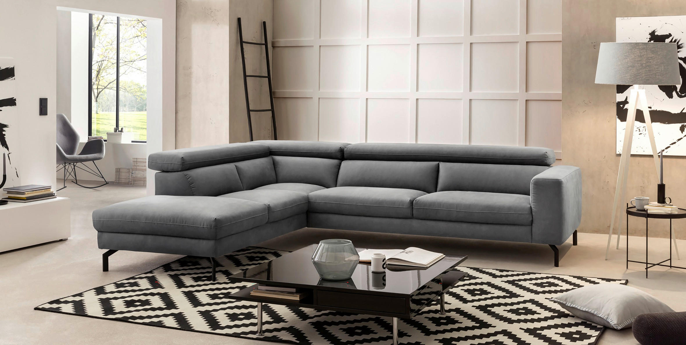 ECKSOFA CALIFORNIA Grau Mikrofaser  - Schwarz/Grau, MODERN, Textil/Metall (233/305cm) - Trendmanufaktur