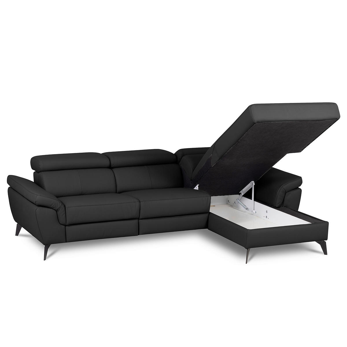 ECKSOFA SONO in Lederlook Echtleder Schwarz Bettkasten, Armteilverstellung, Kopfteilverstellung  252/179 cm  - Schwarz, Design, Leder/Textil (252/179cm) - Livetastic