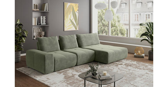 ECKSOFA in Velours Olivgrün 347/174 cm - Schwarz/Olivgrün, Design, Kunststoff/Textil (347/174cm) - Xora