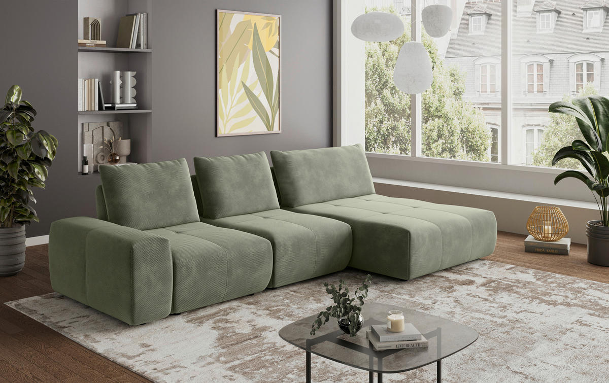 ECKSOFA in Velours Olivgrün  - Schwarz/Olivgrün, Design, Kunststoff/Textil (347/174cm) - Xora