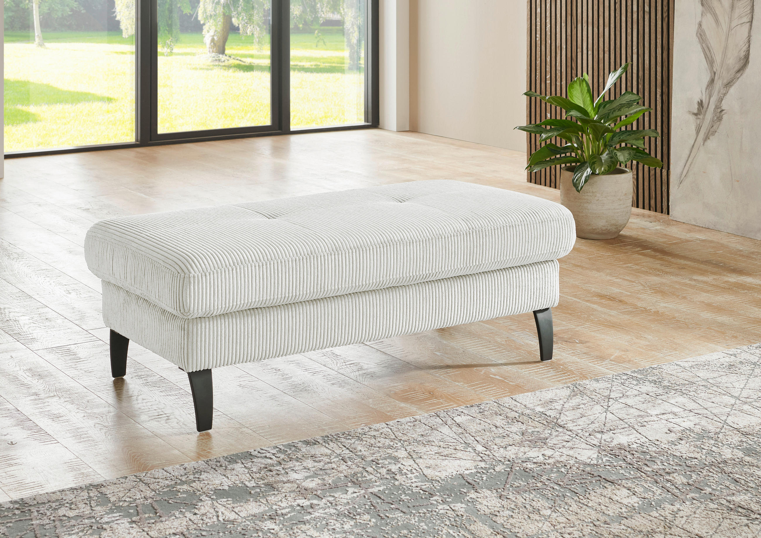 HOCKER in Textil Ecru  - Ecru/Schwarz, Modern, Textil/Metall (130/45/67cm) - Beldomo Style