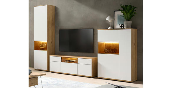 WOHNWAND  in Weiß, Eichefarben  330/215/45 cm  - Eichefarben/Schwarz, KONVENTIONELL, Glas/Holzwerkstoff (330/215/45cm) - Venda