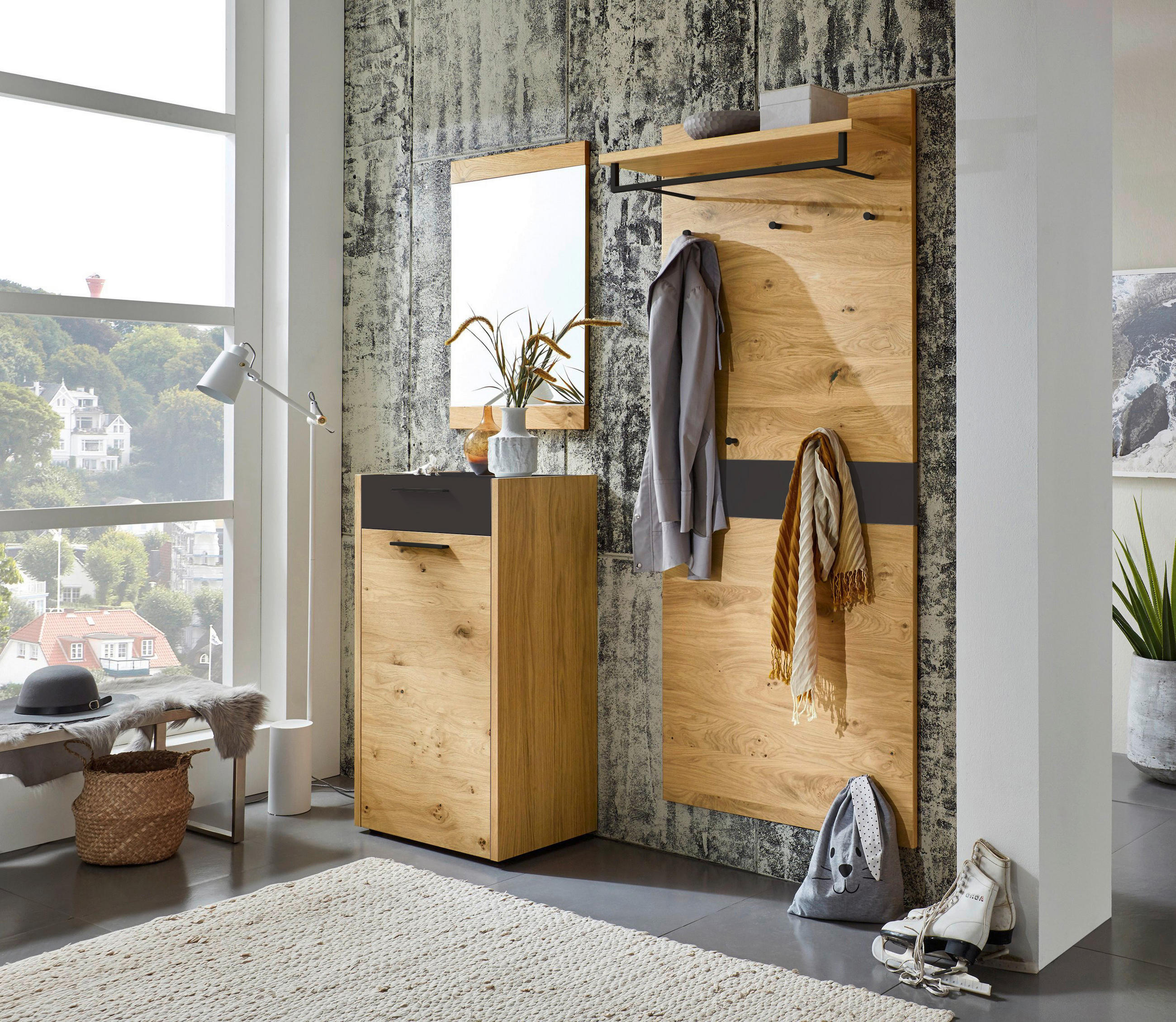 GARDEROBE 3-teilig in 150/195/37 cm - Eichefarben/Schwarz, Design, Glas/Holz (150/195/37cm)