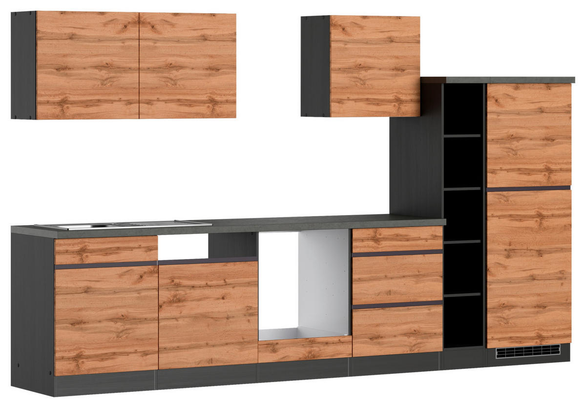 KÜCHENLEERBLOCK 330 cm   in Graphitfarben, Eiche Wotan  - Eiche Wotan/Graphitfarben, Design, Holzwerkstoff (330cm) - Held