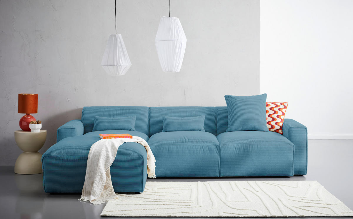 ECKSOFA in Cord Hellblau  - Schwarz/Hellblau, Design, Kunststoff/Textil (196/303cm) - Livetastic