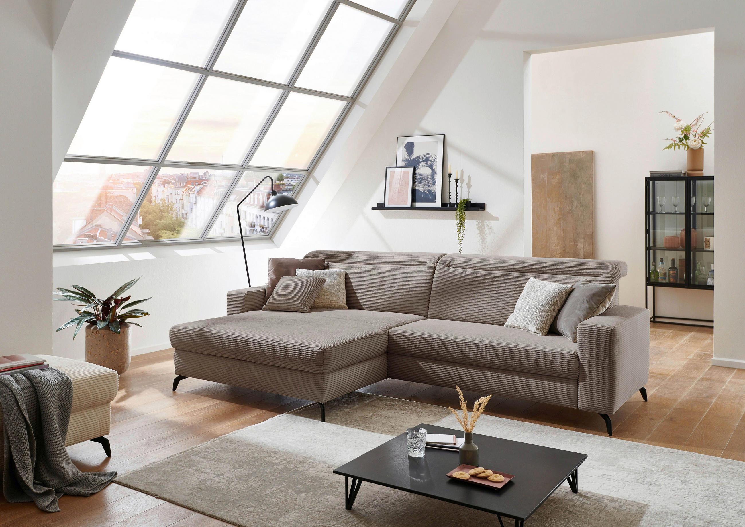 ECKSOFA in Cord Taupe - Taupe/Schwarz, Konventionell, Textil/Metall (178/290cm) - Sit & More