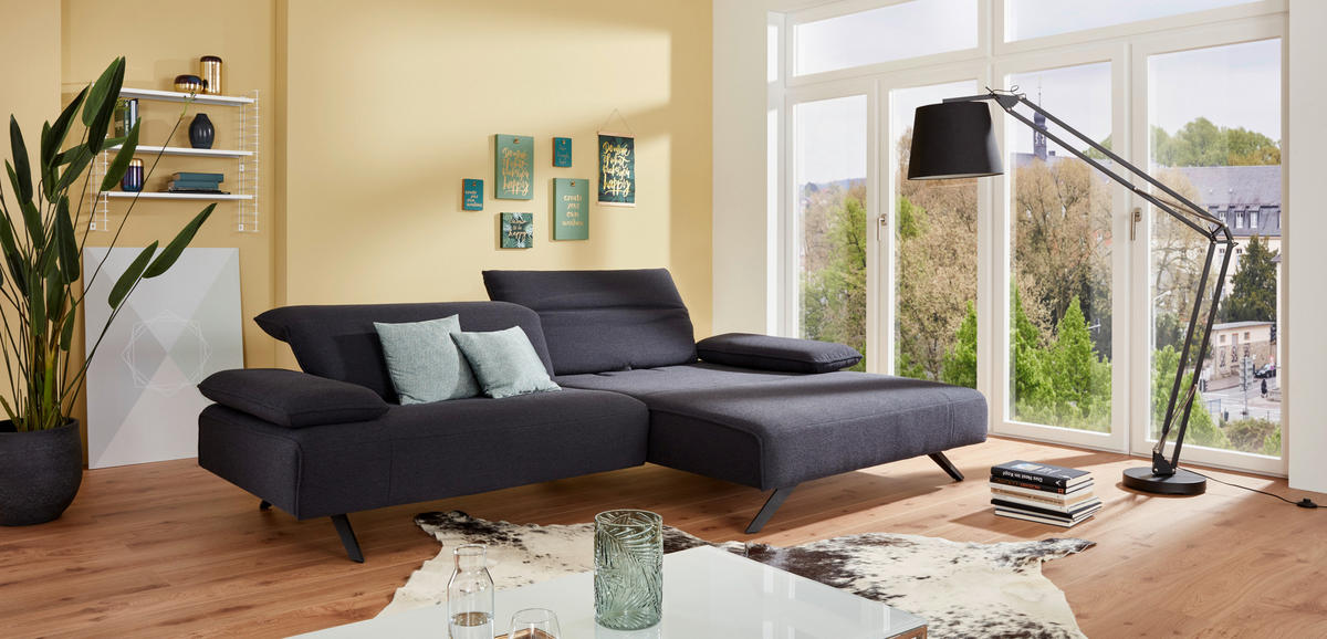 ECKSOFA in Flachgewebe Dunkelblau  - Anthrazit/Dunkelblau, Design, Textil/Metall (280/164cm) - Johann Jakob