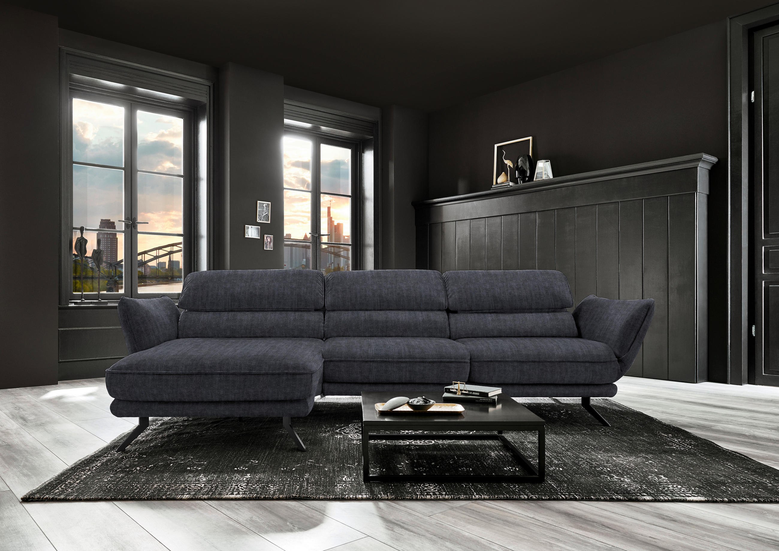 ECKSOFA in Velours Grau  - Schwarz/Grau, Design, Textil/Metall (153/283cm) - Valdera