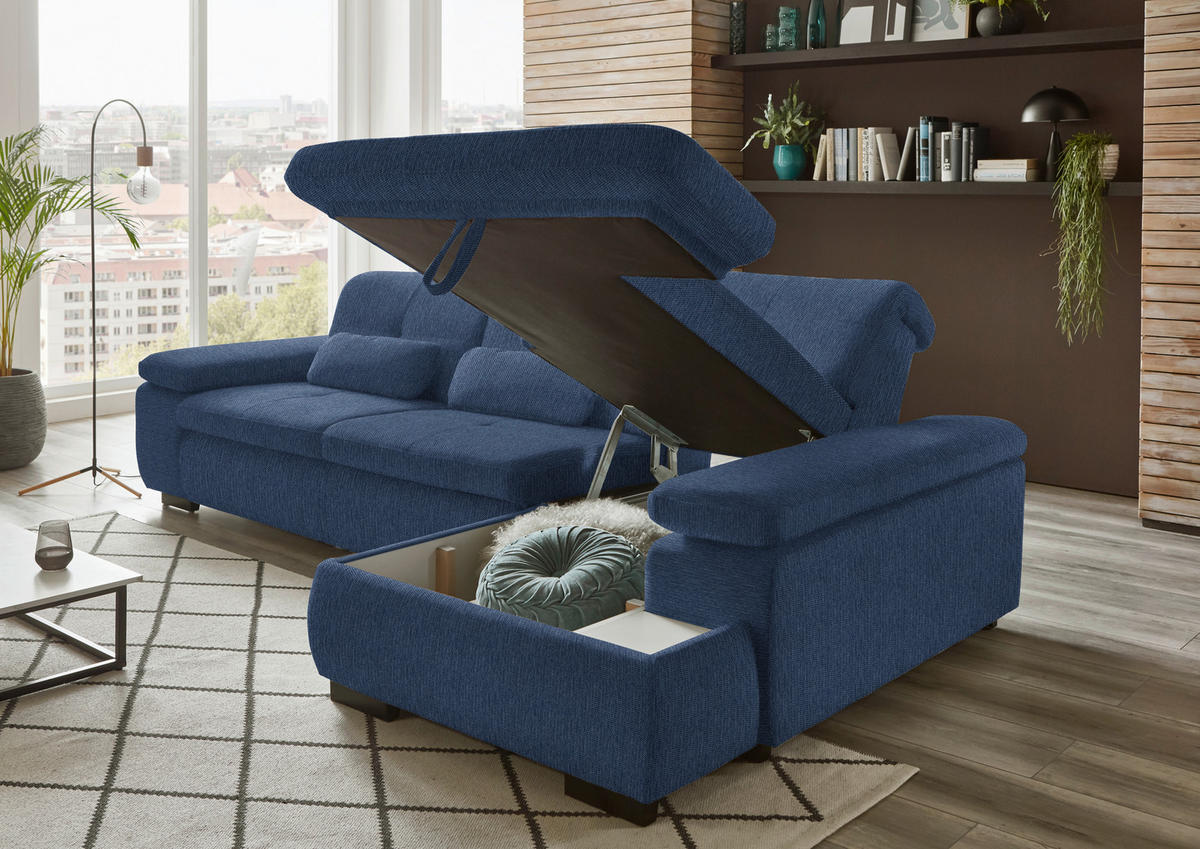 ECKSOFA in Flachgewebe Dunkelblau  - Schwarz/Dunkelblau, Design, Textil/Metall (297/174cm) - Beldomo Style