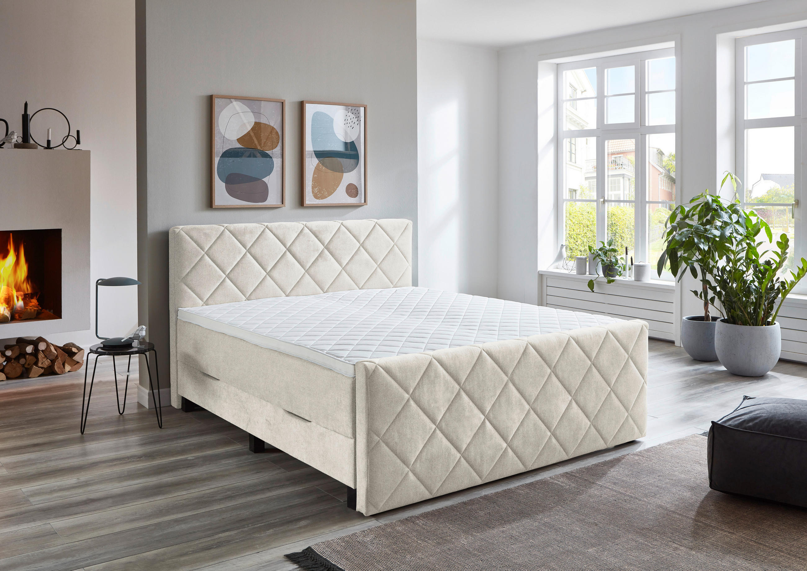 BOXSPRINGBETT 180/200 cm  in Creme  - Creme/Schwarz, KONVENTIONELL, Kunststoff/Textil (180/200cm) - home24
