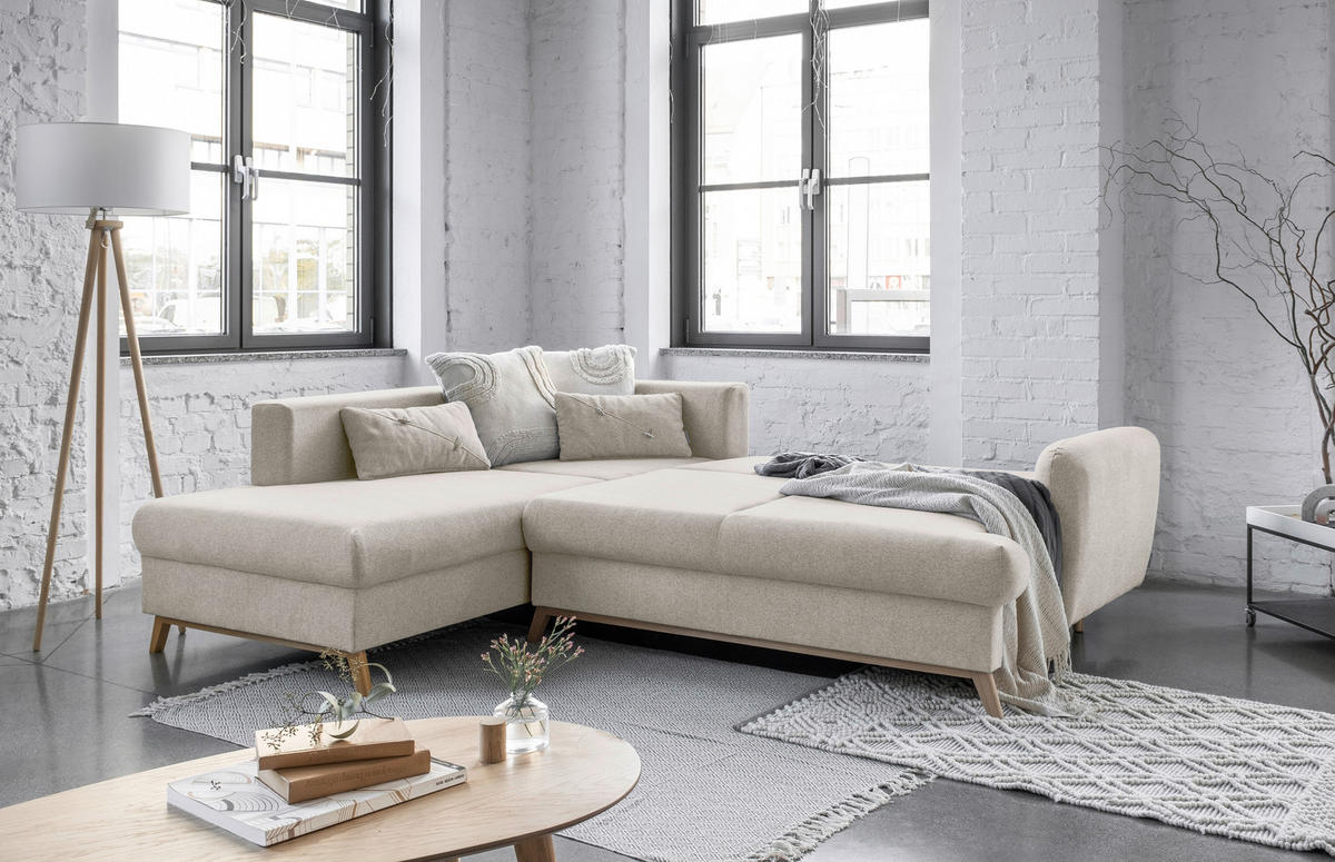 ECKSOFA in Chenille Beige  - Beige/Naturfarben, Holz/Textil (202/242cm) - MID.YOU