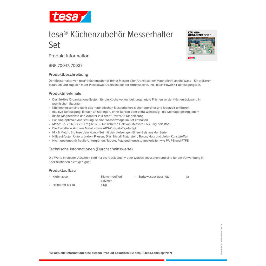Thumbnail - Tesa Messerleiste, Weiß, Metall, Kunststoff, 26.5x6.5x2.5 cm, Kochen, Küchenmesser, Messersets