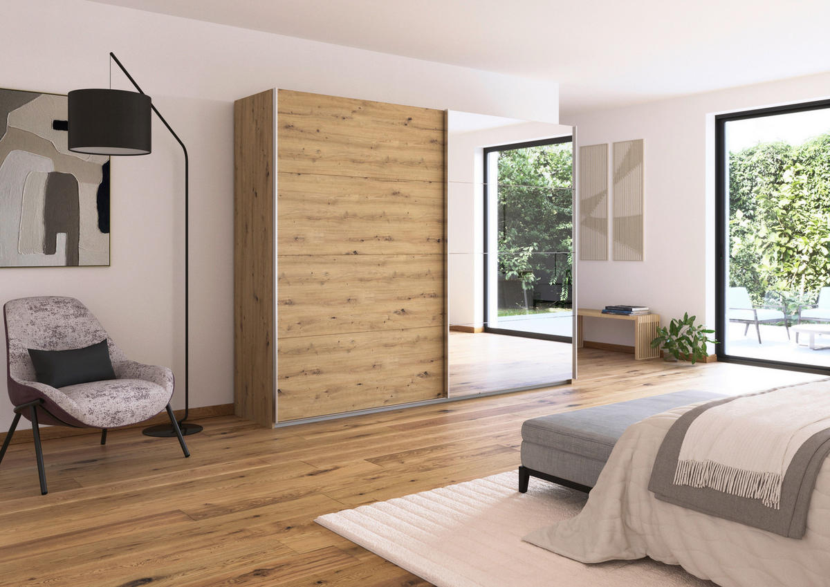 SCHWEBETÜRENSCHRANK  in Eiche Artisan  - Alufarben/Eiche Artisan, KONVENTIONELL, Glas/Holzwerkstoff (271/229/62cm) - Xora