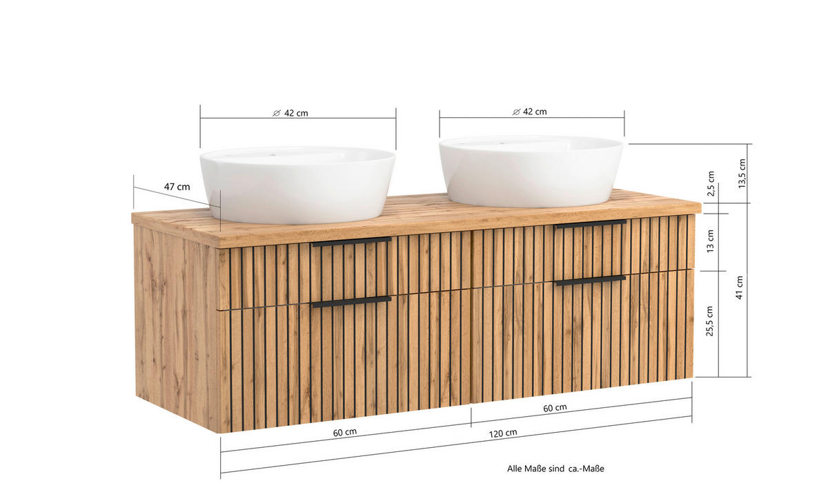 WASCHTISCHKOMBI 120 cm  - Eiche Wotan/Schwarz, MODERN, Holzwerkstoff/Stein (120cm) - Held
