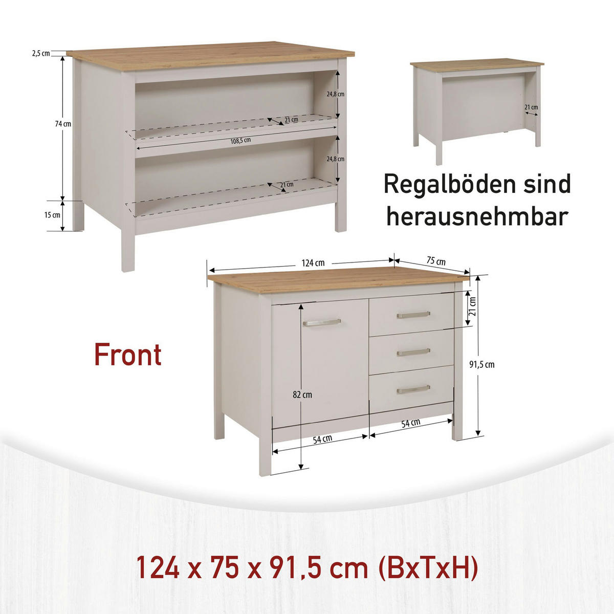 KÜCHENINSEL 124/91,5/75 cm  in Kaschmir, Eiche Artisan  - Kaschmir/Silberfarben, ROMANTIK / LANDHAUS, Holzwerkstoff/Metall (124/91,5/75cm) - home24