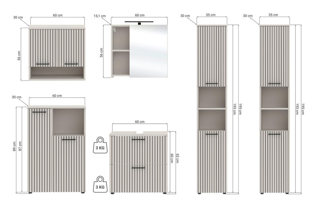 Baie 6 piese, 235 cm - cașmir/negru, Trend, sticlă/metal (235cm) - Respekta