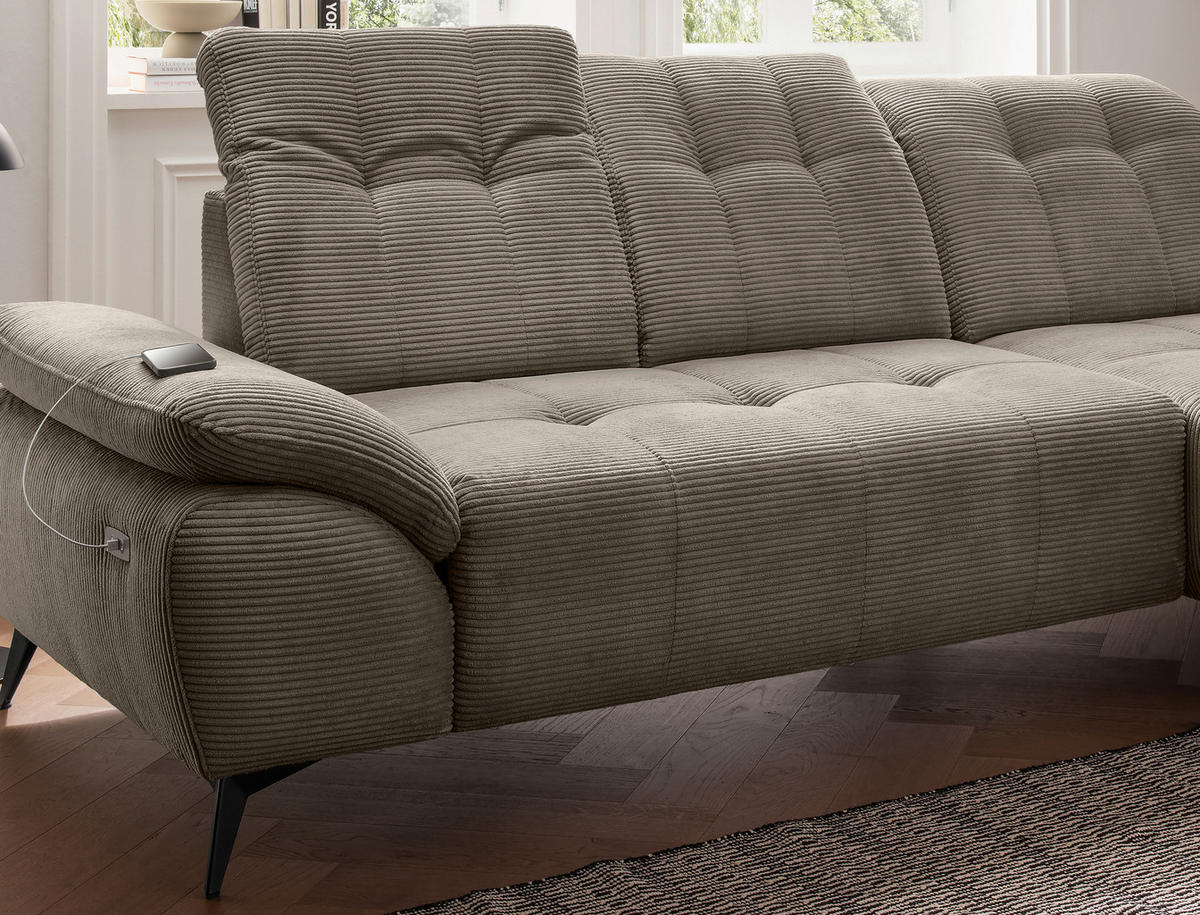 ECKSOFA FIORE in Cord Graubraun Kopfteilverstellung, Sitzvorzug  280/180 cm  - Graubraun/Schwarz, MODERN, Textil/Metall (280/180cm) - Livetastic