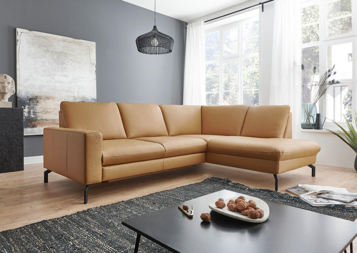 ECKSOFA in Echtleder Currygelb  - Currygelb/Schwarz, Design, Leder/Metall (194/250cm) - Beldomo Premium