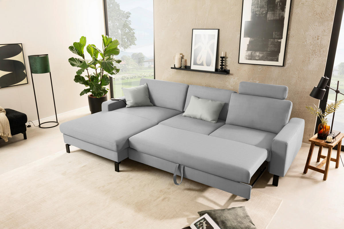ECKSOFA Cord Hellgrau  - Hellgrau/Schwarz, Design, Textil/Metall (185/298cm) - Pure Home Lifestyle