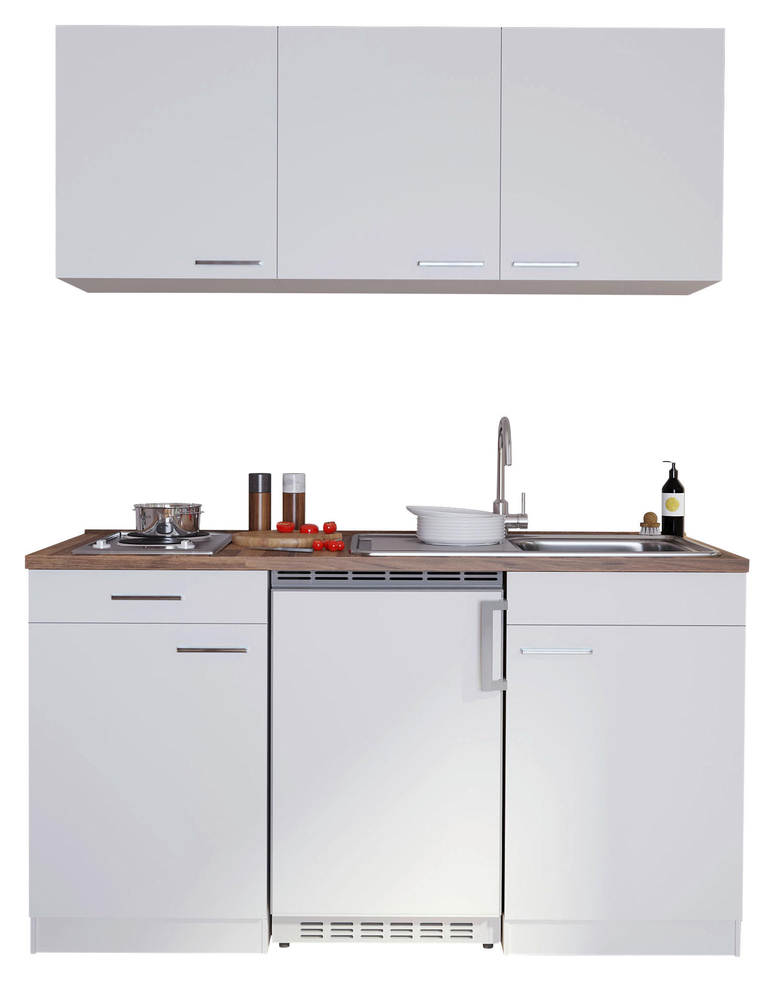 MINIKÜCHE 150 cm   in Weiß  - Nussbaumfarben/Alufarben, Basics, Holzwerkstoff/Kunststoff (150cm) - Respekta