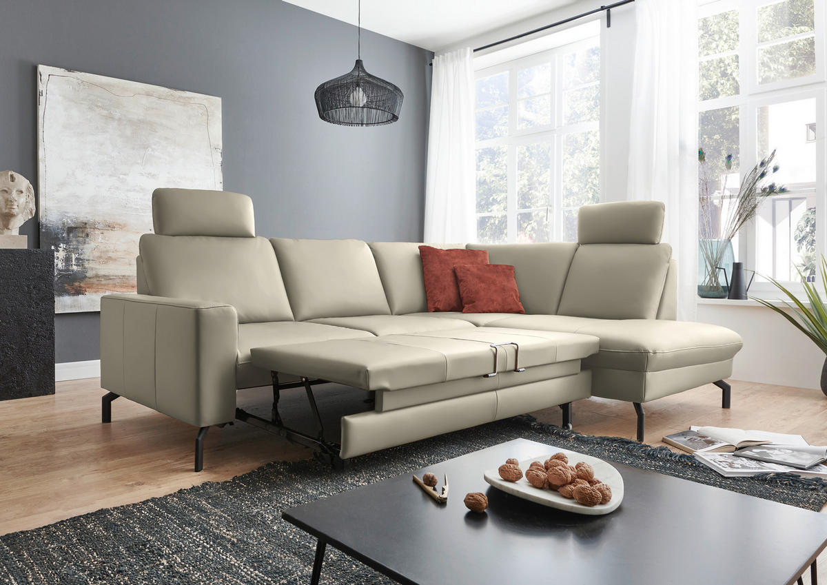 ECKSOFA in Echtleder Ecru  250/194 cm  - Ecru/Schwarz, Design, Leder/Metall (250/194cm) - Beldomo Premium