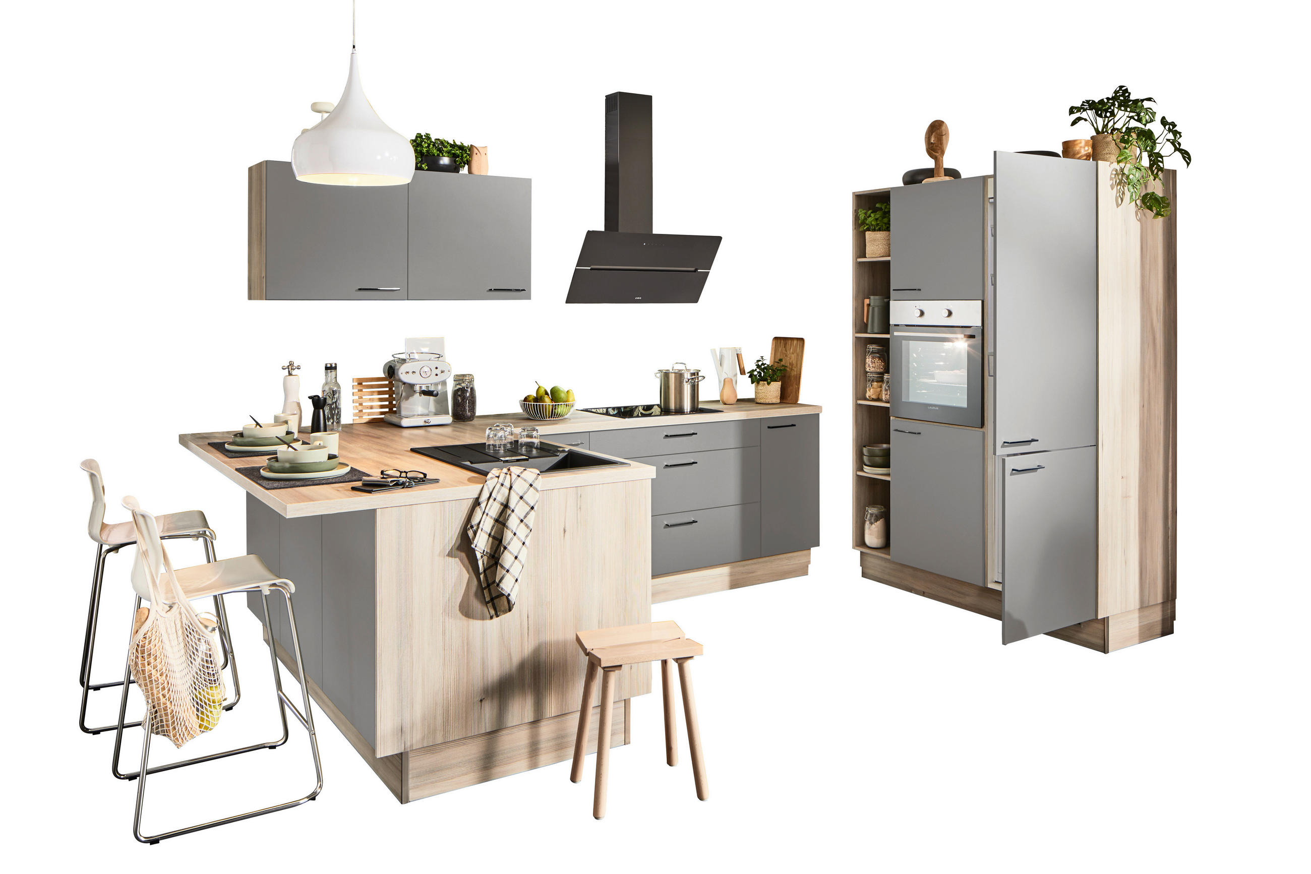 ECKKÜCHE XO 15  in Grau, Tannenholzfarben  - Tannenholzfarben/Schwarz, Design, Holzwerkstoff/Metall (121,6/280/150cm) - Xora